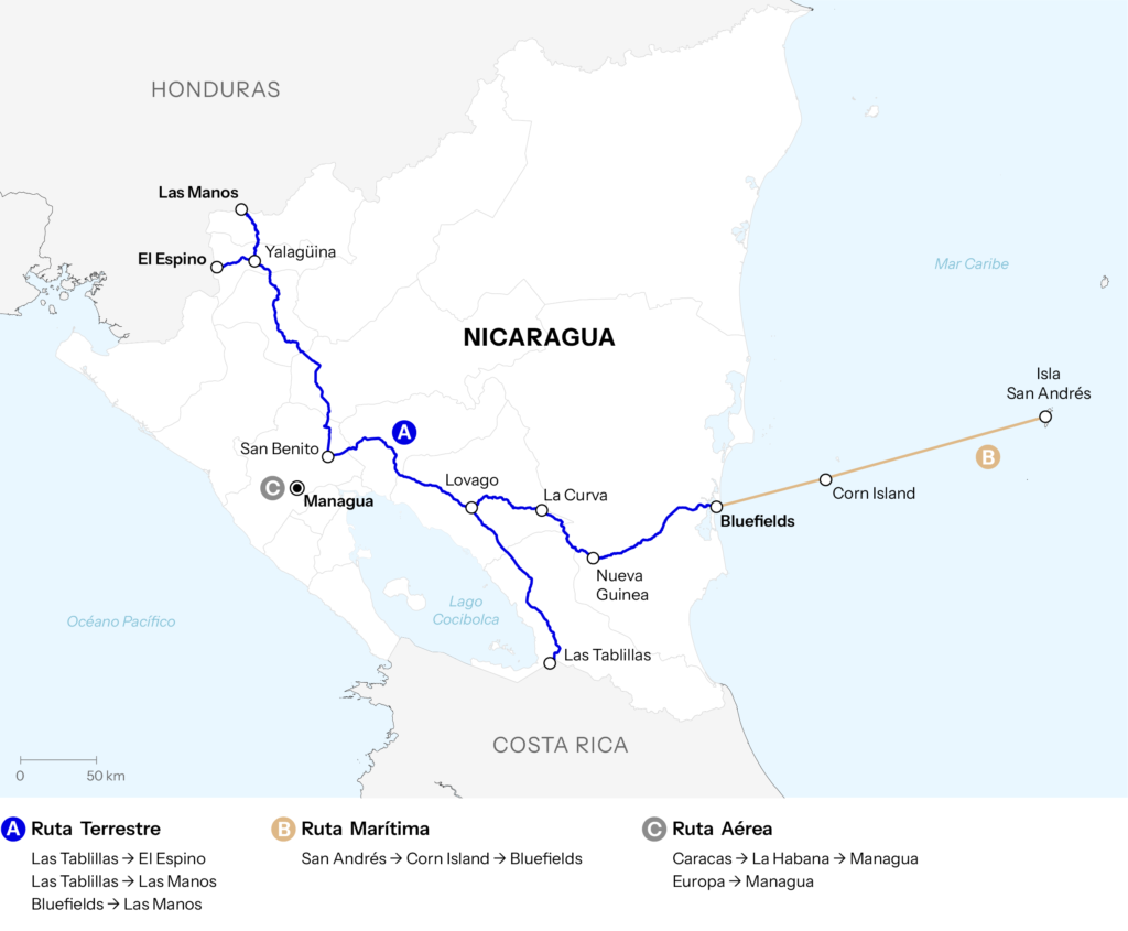 Mapa de las vias del tráfico humano en Nicaragua